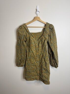 Anthropologie Green Floral Puff-Sleeve Mini Dress size 8